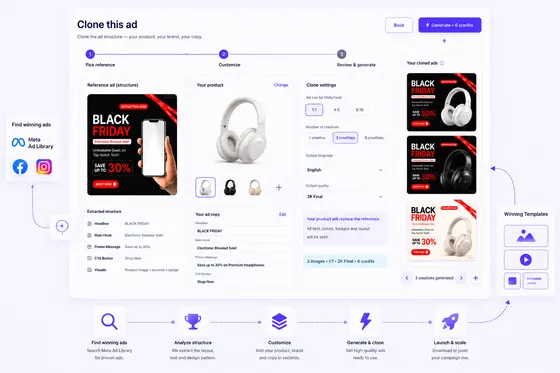 PickAds clone flow — winning reference ad adapted to your product and brand