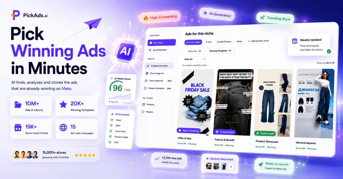 PickAds product preview — niche winning ads feed, signal scores, and Discover → Find winners → Clone → Launch workflow
